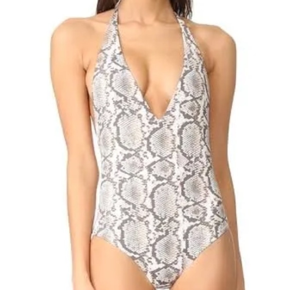 Vitamin A - Double Sided Taupe Snake Print Halter Tie One-Piece Swimsuit Small